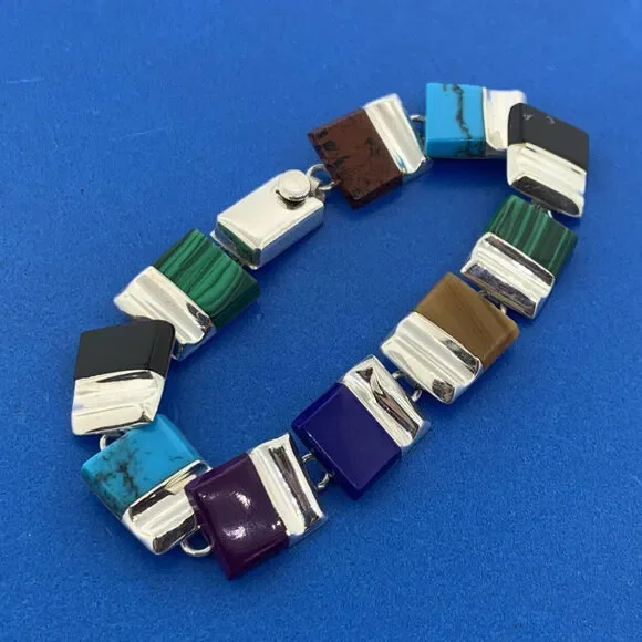 Vintage Designer Taxco Sterling Silver Mixed Colored Gemstone Cabochon Bracelet